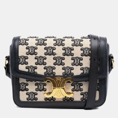 Pre-owned Celine Beige Teen Embroidered Canvas And Calfskin Triomphe Crossbody In Sand
