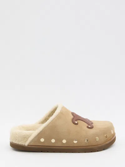 Celine Beige Triomphe Wedge 15mm Suede Leather Mules In Neutral
