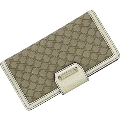 Pre-owned Celine Beige White Canvas Leather Long Wallet (bi-fold) () In Multi