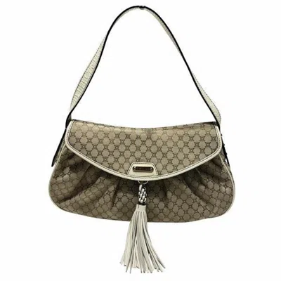 Pre-owned Celine Beige White Canvas Leather Shoulder Bag ()