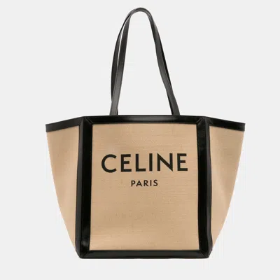 Pre-owned Celine Beige/black Large Canvas Vertical Square Cabas Tote In Sand