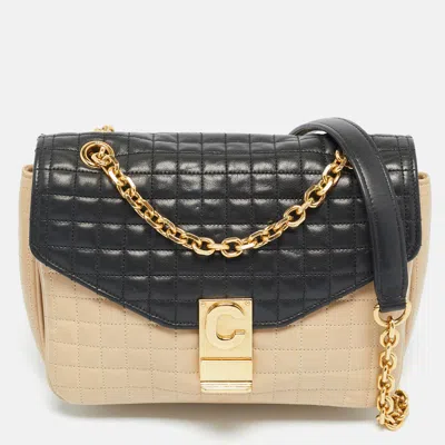 Pre-owned Celine Beige/black Quilted Leather Medium C Bag In Sand