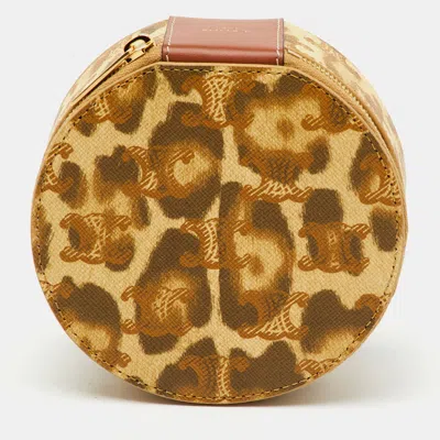 Pre-owned Celine Beige/brown Animal Print Saffiano Leather Round Zip Around Pouch