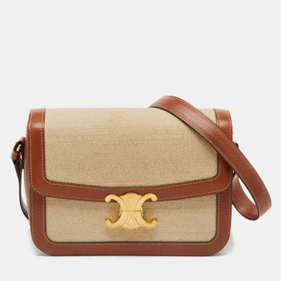 Pre-owned Celine Beige/tan Canvas And Leather Triomphe Shoulder Bag In Sand