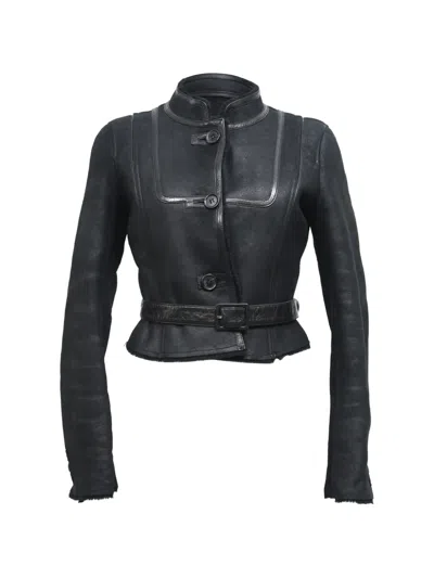 Pre-owned Celine Belted Mandarin-collar Jacket In Black