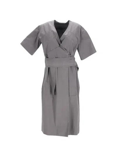 Pre-owned Celine Belted V-neck Midi Dress In Gray