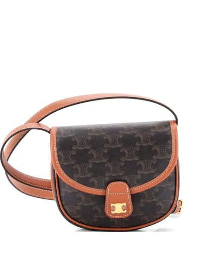Pre-owned Celine Besace Flap Bag Triomphe Coated Canvas Mini Crossbody Bag In Brown
