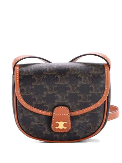 Pre-owned Celine Besace Flap Bag Triomphe Coated Canvas Mini Crossbody Bag In Brown