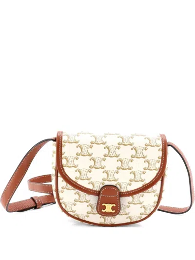 Pre-owned Celine Besace Flap Bag Triomphe Coated Canvas Mini Crossbody Bag In Neutral