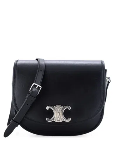 Pre-owned Celine Besace Triomphe Shoulder Bag Leather Medium Crossbody Bag In Black
