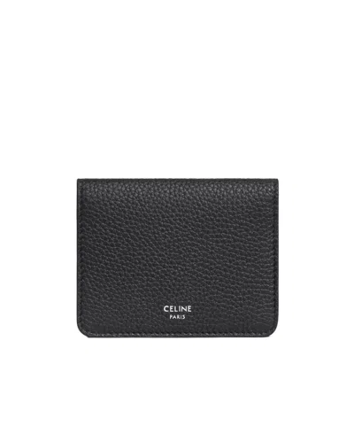 Celine Bi-fold Card Holder In Grained Calfskin In Black