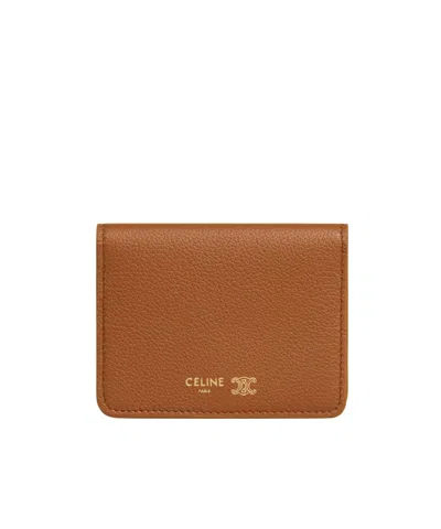 Celine Bi-fold Card Holder In Supple Grained Calfskin In Brown