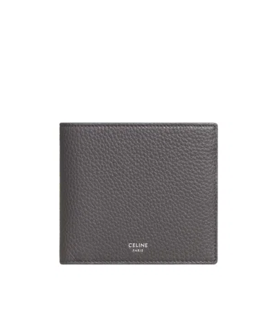 Celine Bi-fold Wallet In Grained Calfskin In Gray