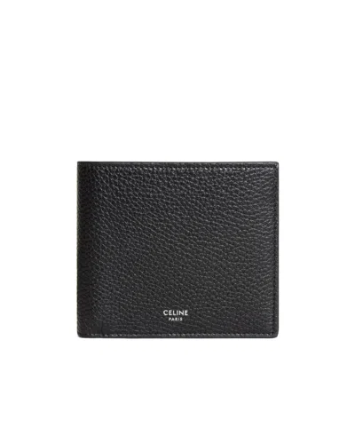 Celine Bi-fold Wallet In Grained Calfskin In Black