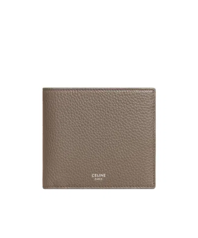 Celine Bi-fold Wallet In Grained Calfskin In Brown