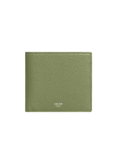 Celine Bi-fold Wallet In Grained Calfskin In Green