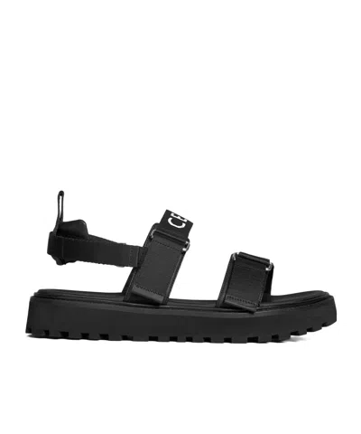 Celine Billie Strappy Sandal In '' Jacquard And Calfskin In Black