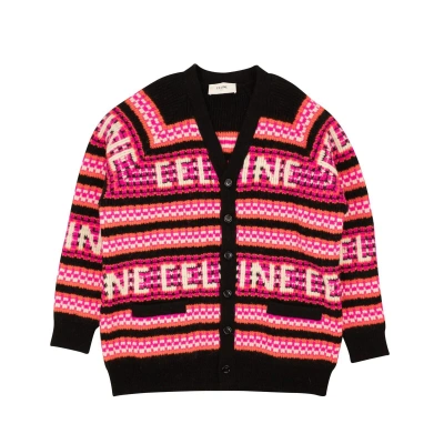 Pre-owned Celine Black And Pink Wool Jacquard Ski Design Cardigan Size M $1600