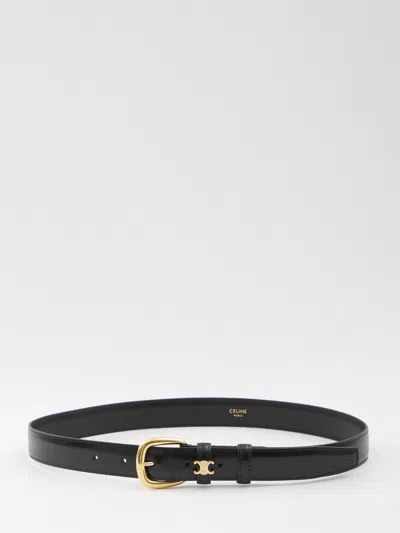 Celine Black Calfskin Belt With Gold Triomphe Buckle In Orange