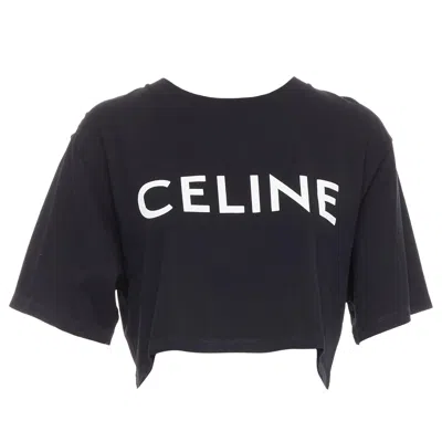Pre-owned Celine Black Cotton White Big Logo Crop Casual Crew Neck Tshirt S