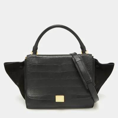 Pre-owned Celine Black Croc Embossed Leather And Suede Medium Trapeze Top Handle Bag