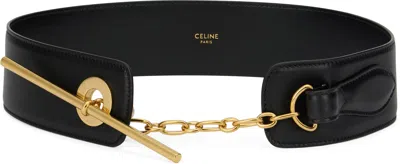 Celine Black Leather Belt With Golden Buckle