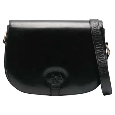 Celine Black Leather Carriage Logo Flap Shoulder Bag