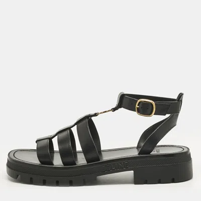 Pre-owned Celine Black Leather Clea Triomphe Strappy Gladiator Sandals Size 40