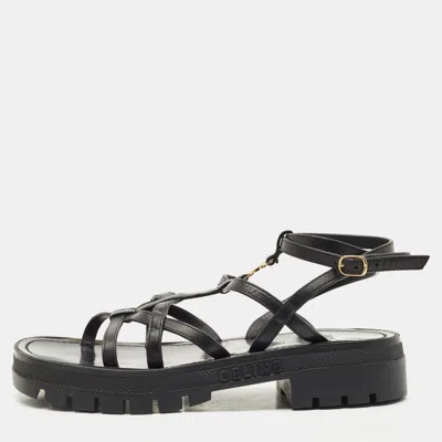 Pre-owned Celine Black Leather Clea Triomphe Strappy Sandals Size 38