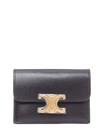 Celine Black Leather Compact Wallet Card Holder