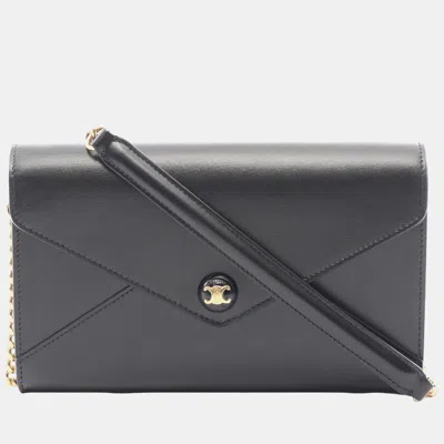 Pre-owned Celine Black Leather Envelope Wallet On Chain