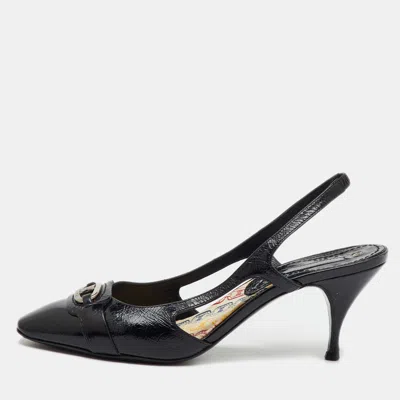 Pre-owned Celine Black Leather Logo Slingback Pumps Size 37.5