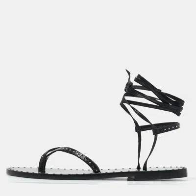 Pre-owned Celine Black Leather Studded Ankle Wrap Flat Sandals Size 36