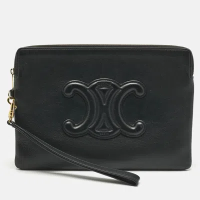 Pre-owned Celine Black Leather Triomphe Wristlet Clutch