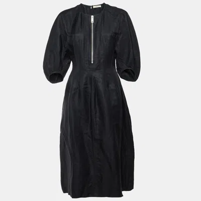 Pre-owned Celine Black Linen Blend Zip Front Balloon Sleeve Midi Dress M