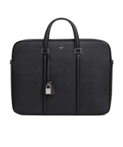 Celine Black Medium Grain Logo Briefcase