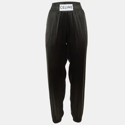 Pre-owned Celine Black Satin Logo Waist Band Trousers M