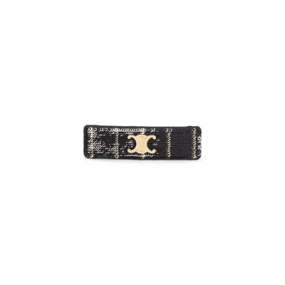 Celine Black Striped Sequins Metal Hair Clip