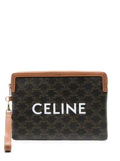 Celine Black Triomphe Canvas Leather Pouch In Neutrals