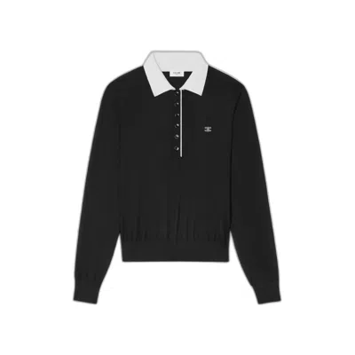 Celine Women Cashmere And Silk Polo With Front Logo Embroidery In Black