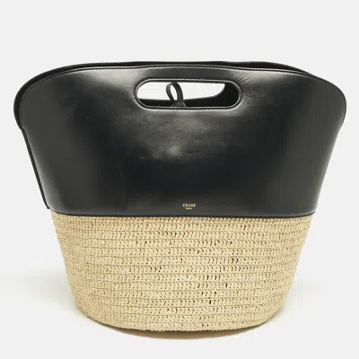 Pre-owned Celine Black/cream Leather And Raffia Basket Bag