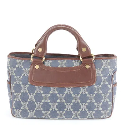 Pre-owned Celine Blue Brown Leather Canvas Handbag Tote Bag () In Multi