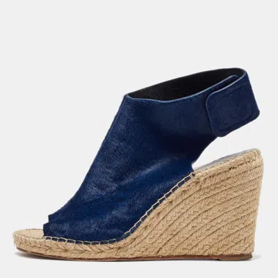 Pre-owned Celine Blue Calf Hair Open Toe Espadrille Wedge Sandals Size 40