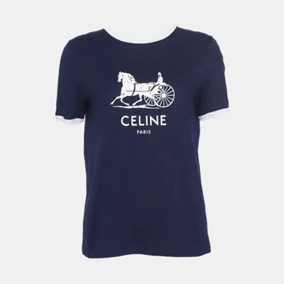 Pre-owned Celine Blue Carriage Round Neck Short Sleeved T-shirt Size M