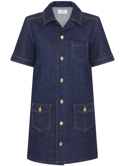 Celine Blue Denim Mini Dress With Contrast Topstitching And Gold-tone Buttons
