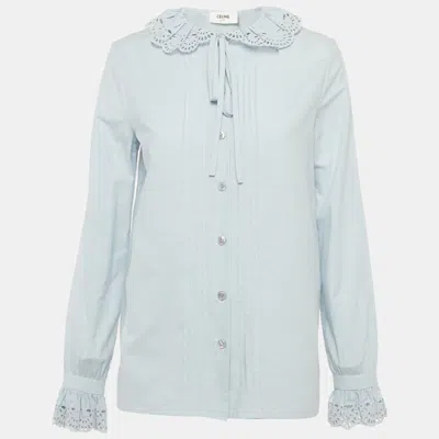 Pre-owned Celine Blue Embroidered Collar Cotton Blouse S