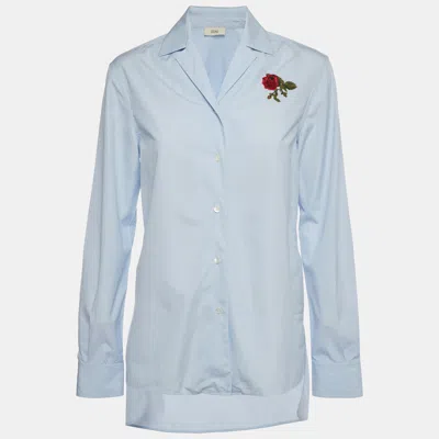 Pre-owned Celine Blue Pinstripe Cotton Rose Embroidered Long Sleeve Shirt S
