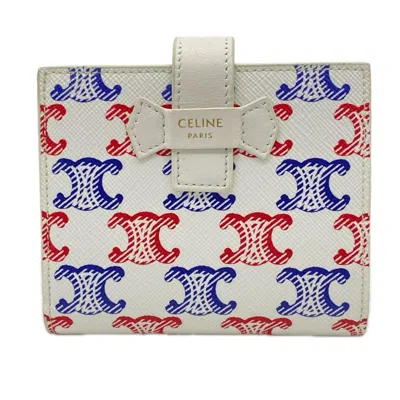 Pre-owned Celine Blue Red Color White Coated Canvas Leather Wallet (bi-fold) () In Blue, Red Color, White