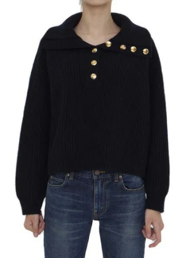 Celine Blue Ribbed Wool And Cashmere Jumper With Gold-tone Accents
