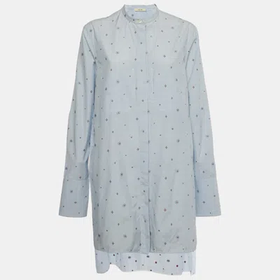 Pre-owned Celine Blue Striped Cotton Embroidered Asymmetric Hem Shirt L